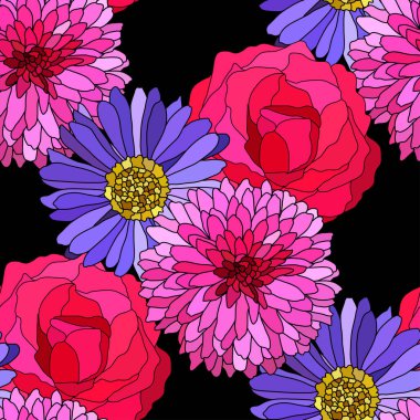 Paskalya, gül, kasımpatı çiçekleri ve tasarım elementleriyle zarif ve pürüzsüz bir desen. Davetiyeler, kartlar, baskı, hediye paketi, imalat, tekstil, kumaş, duvar kağıtları için çiçek deseni