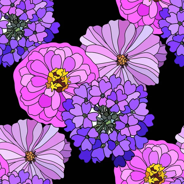 Elegant Seamless Pattern Zinnia Verbena Cosmos Flowers Design Elements Floral — Stockvector