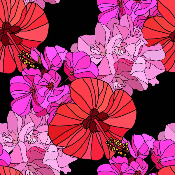 Elegant Seamless Pattern Geranium Oleander Hibiscus Flowers Design Elements Floral — 图库矢量图片