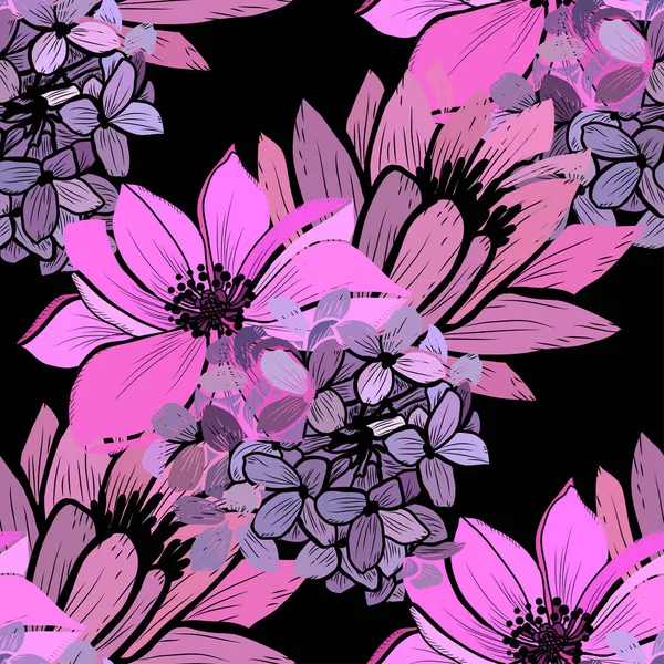 Elegant Seamless Pattern Anemone Lotus Lilac Flowers Design Elements Floral — Stock Vector
