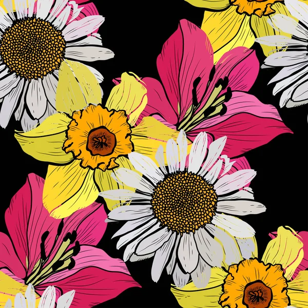 Elegant Seamless Pattern Chamomile Daffodil Lily Flowers Design Elements Floral — Stockvector
