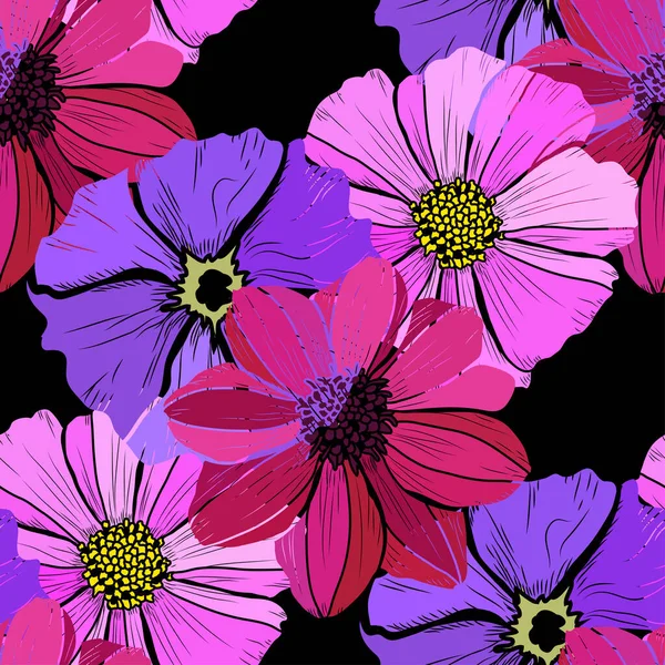 Κομψό Μοτίβο Χωρίς Ραφή Κληματίδα Σύμπαν Λουλούδια Ντάλια Σχεδιαστικά Στοιχεία — Διανυσματικό Αρχείο