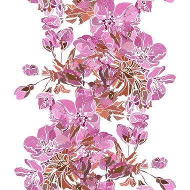 Sakura, kiraz çiçekleri ve tasarım elementleriyle zarif, pürüzsüz bir desen. Davetiyeler, kartlar, baskı, hediye paketi, imalat, tekstil, kumaş, duvar kağıtları için çiçek deseni