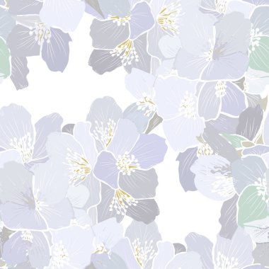 Yasemin çiçekleri ve tasarım elementleriyle zarif, pürüzsüz bir desen. Davetiyeler, kartlar, baskı, hediye paketi, imalat, tekstil, kumaş, duvar kağıtları için çiçek deseni