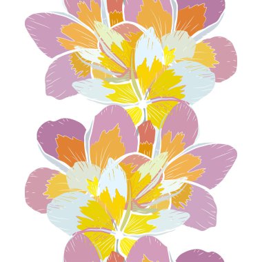 Plumeria çiçekleri ve tasarım elementleriyle zarif, pürüzsüz bir desen. Davetiyeler, kartlar, baskı, hediye paketi, imalat, tekstil, kumaş, duvar kağıtları için çiçek deseni