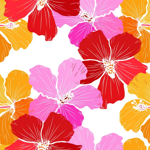 Élégant Motif Sans Couture Avec Fleurs Hibiscus Éléments Design Motif — Image vectorielle