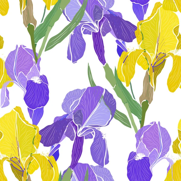 Süsen çiçekleri ve tasarım elementleriyle zarif, pürüzsüz bir desen. Davetiyeler, kartlar, baskı, hediye paketi, imalat, tekstil, kumaş, duvar kağıtları için çiçek deseni