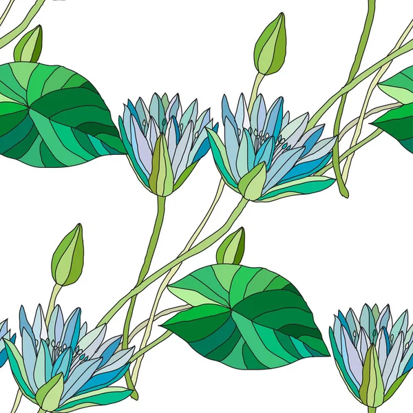 Elegante Blauwe Lotus Naadloos Patroon Met Bloemen Design Elementen Bloemen — Stockvector