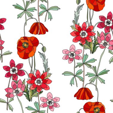 Şakayıklı, haşhaş çiçekli, tasarım elementli zarif, pürüzsüz bir desen. Davetiyeler, kartlar, baskı, hediye paketi, imalat, tekstil, kumaş, duvar kağıtları için çiçek deseni