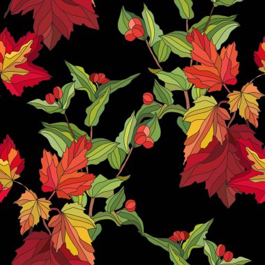 Sonbahar yaprakları ve böğürtlenlerle, tasarım elementleriyle zarif, pürüzsüz bir desen. Davetiyeler, kartlar, baskı, hediye paketi, imalat, tekstil, kumaş, duvar kağıtları için sonbahar deseni
