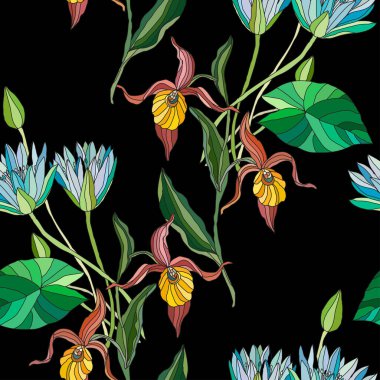 Orkide, nilüfer çiçekleri ve tasarım elementleriyle zarif, pürüzsüz bir desen. Davetiyeler, kartlar, baskı, hediye paketi, imalat, tekstil, kumaş, duvar kağıtları için çiçek deseni