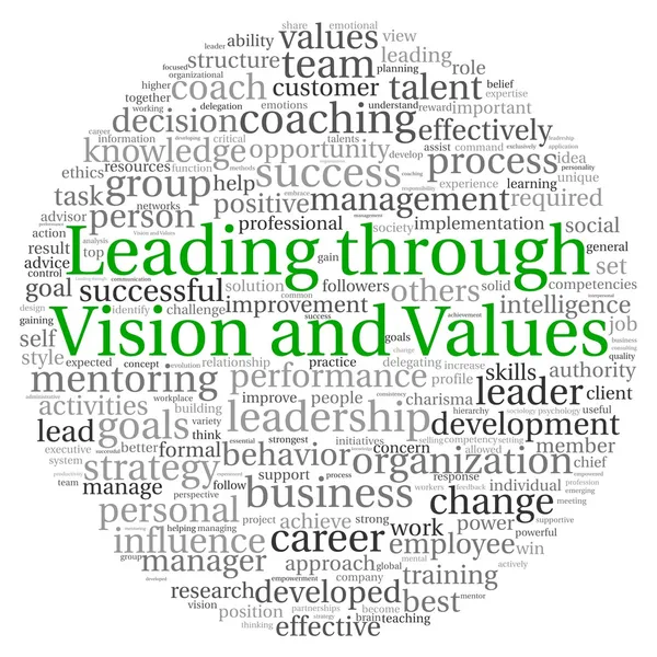 Leder genom vision och värderingar koncept i ordet taggmoln på vit bakgrund — Stockfoto