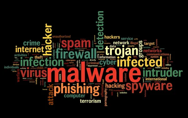 Malware koncept i ordet taggmoln på svart bakgrund — Stockfoto