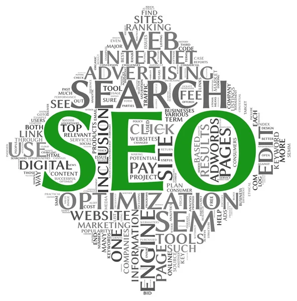 Arama motoru optimizasyonu seo kavramı kelime tag cloud beyaz zemin üzerine — Stok fotoğraf