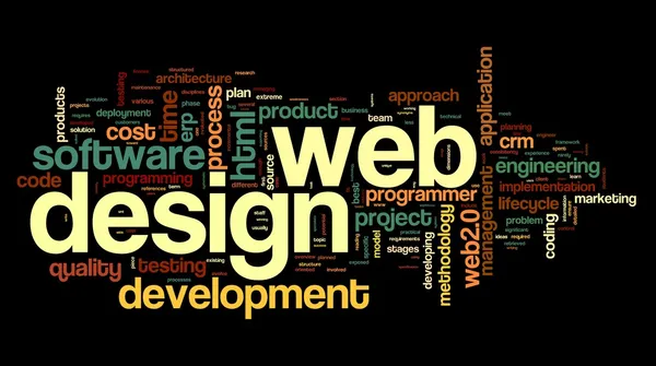 Web-Design-Konzept in Wort-Tag-Wolke auf schwarzem Hintergrund — Stockfoto
