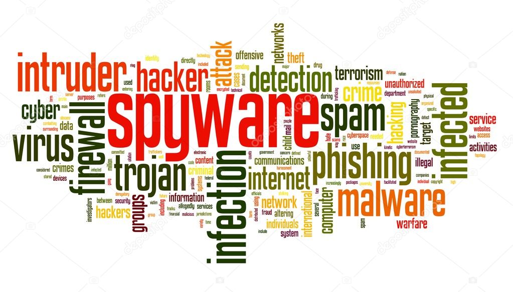 Spyware concept in word tag cloud on white background