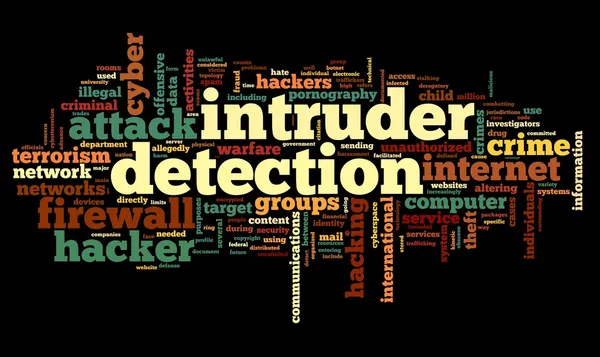 Conceito de detecção de intruso na nuvem de tags de palavras no fundo preto — Fotografia de Stock