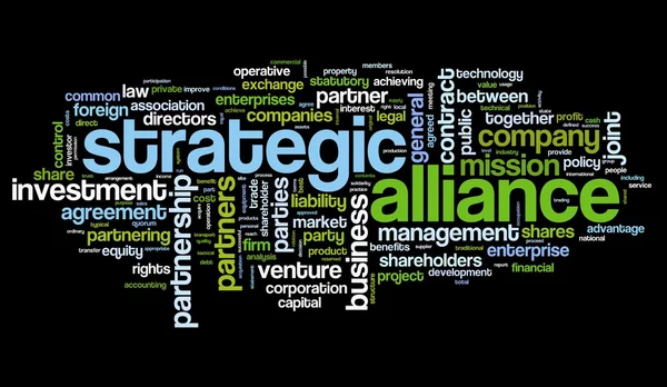 Concept d'alliance stratégique en tag cloud sur noir — Photo