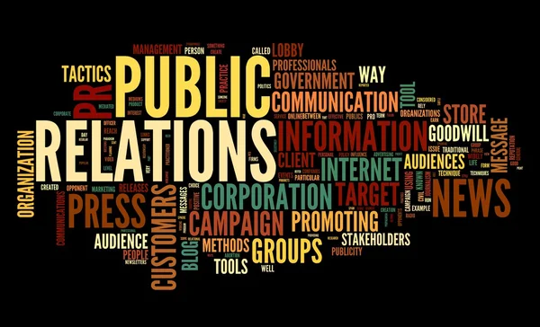 Concept de relations publiques dans word tag cloud sur fond noir — Photo