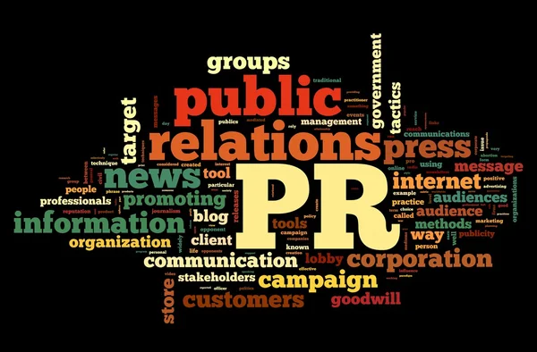 Public relations concept in word tag cloud on black background — Stock Photo, Image