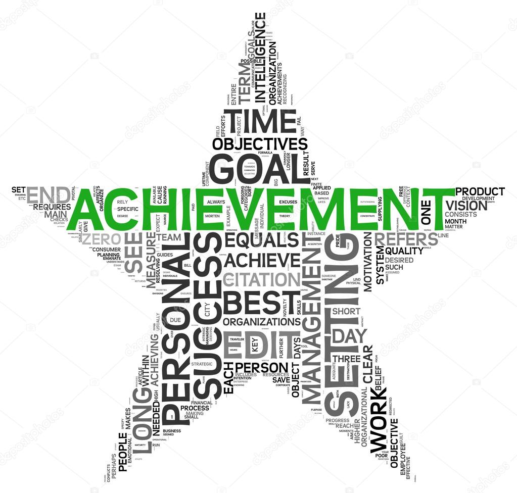 Achievement and success concept related words in tag cloud isolated on white in star shape