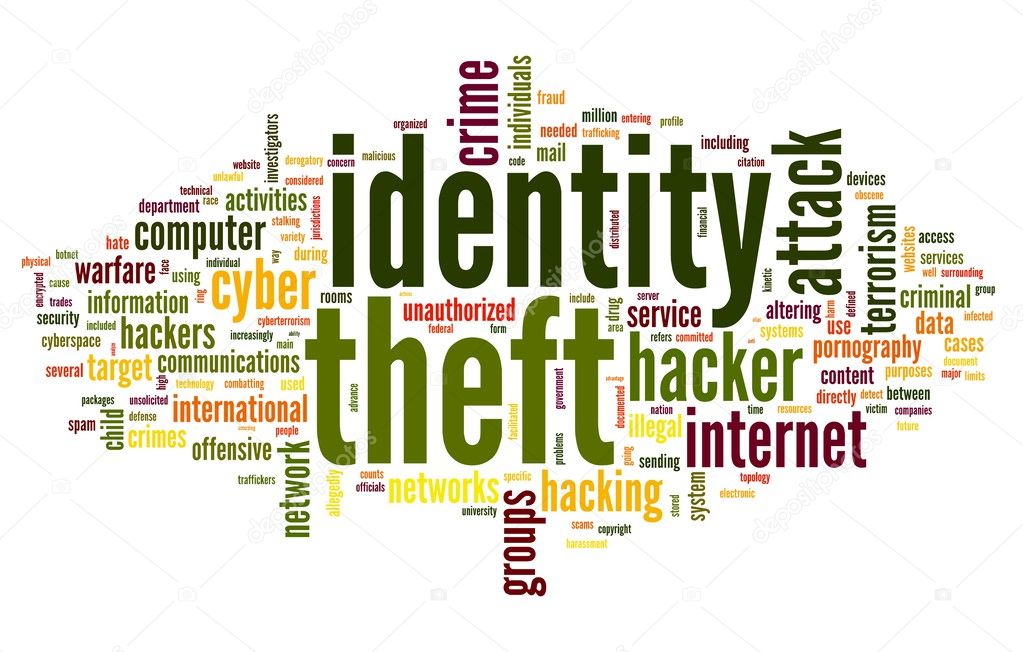 Identity theft concept in word tag cloud isolated on white background