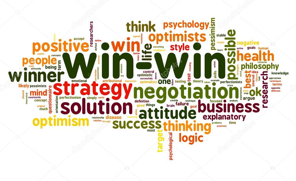 Win-win negotiation solution concept in word tag cloud on white background