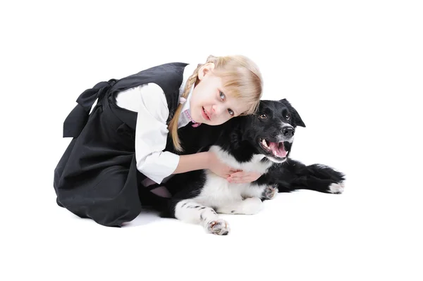 Russe fille et noir et blanc frontière collie chien — Photo