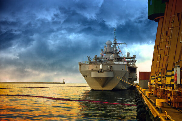 Warship in port