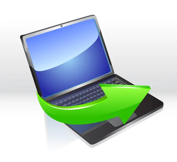 Φορητό υπολογιστή με το πράσινο βέλος. διάνυσμα — Διανυσματικό Αρχείο