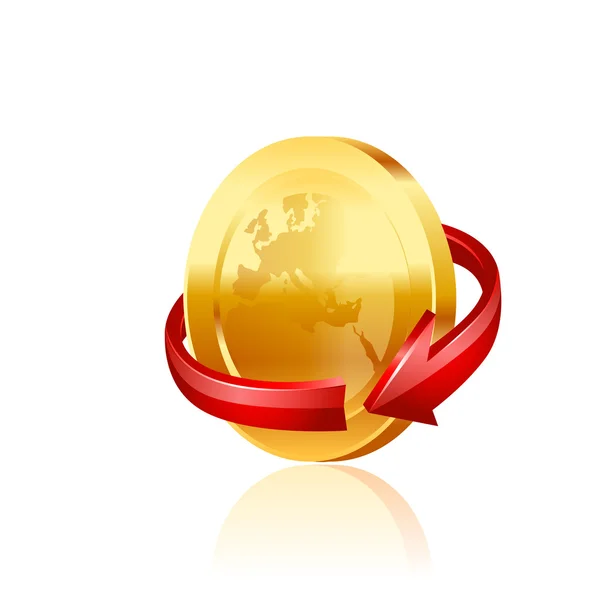 Zlatá mince s červenou šipkou. vektor — Stockový vektor