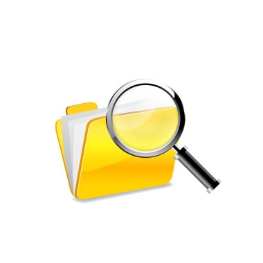 Sarı klasör simgesi ve Büyüteç camı. vektör