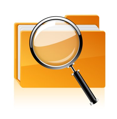 Sarı klasör simgesi ve Büyüteç camı. vektör