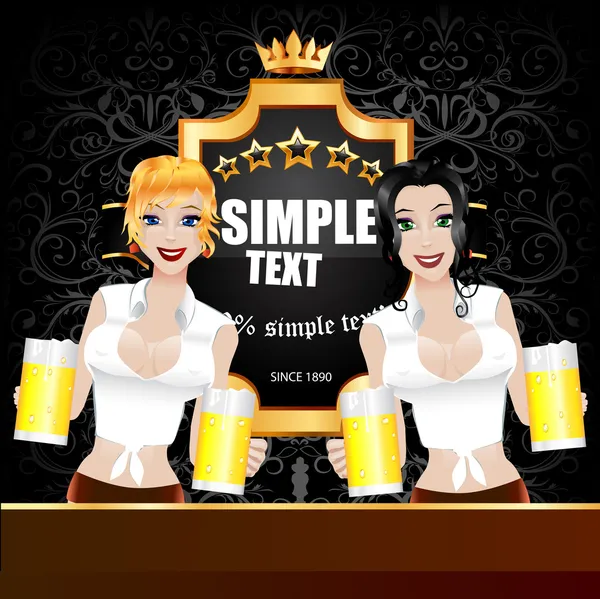 Two young sexy woman with two beer. — Stock Vector