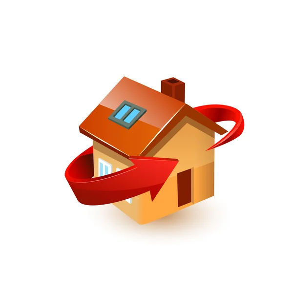 家およびそれのまわりの赤い矢印 — ストックベクタ