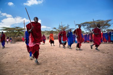 Maasai men in their ritual dance in their village in Tanzania, Africa clipart