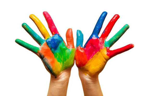 Mãos pintadas, diversão colorida. Isolados — Fotografia de Stock