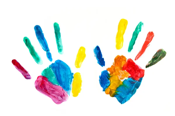 Handen geschilderd, gestempeld op papier, kleurrijke plezier — Stockfoto
