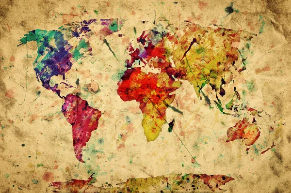 Carte du monde vintage. Peinture colorée, aquarelle sur grunge, vieux pap — Photo