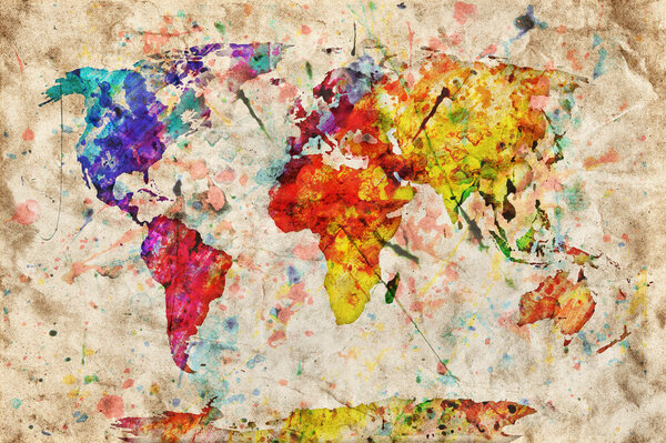 Mapa del mundo Vintage. Pintura colorida, acuarela en grunge, viejo pap — Foto de Stock