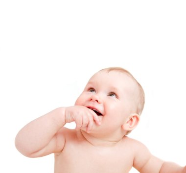 Cute happy baby smiling looking above on white clipart