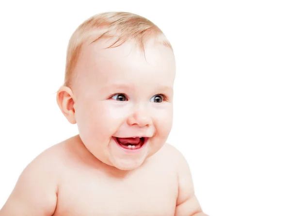 Bonito bebê feliz rindo no branco — Fotografia de Stock