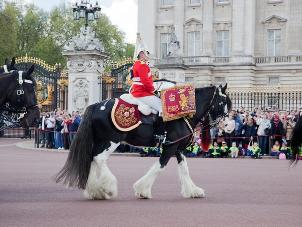 LONDON - MAY 17: British Royal guards riding on horse and perform the Changing of the Guard in Buckingham Palace — Stock Photo, Image
