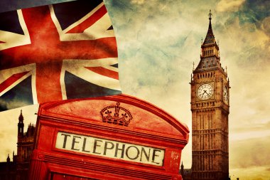 Red phone booth, Big Ben, the Union Jack flag clipart