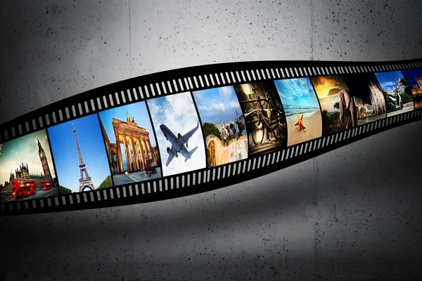 Film strip with colorful, vibrant photographs on grunge wall. Travel theme — Stock Photo, Image