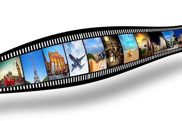 Film strip with colorful, vibrant photographs on white background. Travel theme — Stock Photo, Image