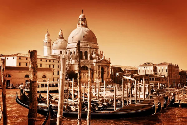 Gondolas on Grand Canal and the Salute basilica — Stock Photo, Image