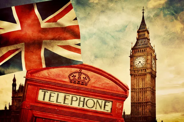 Cabina telefónica roja, Big Ben, la bandera de Union Jack — Foto de Stock