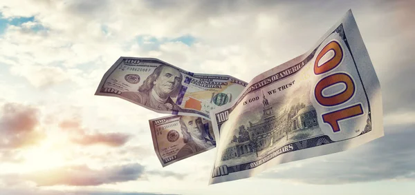 Money 100 Dollar Bills Flying Sky Usd Currency Economics — Stock Photo, Image