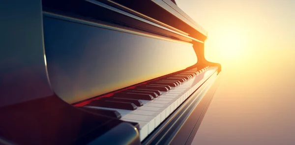 Grand Piano Keyboard Pada Latar Belakang Matahari Terbenam Langit Musik — Stok Foto